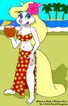  2016 animaniacs beach beverage breasts cleavage clothed clothing coconut david_frangioso eyelashes female flower food fruit island minerva_mink navel palm_tree paradise plant sea seaside solo tree tropical water 