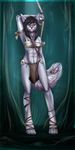  absurd_res anthro canine clothing female hands_above_head hi_res loincloth looking_at_viewer mammal navel omesore outside ranged_weapon solo standing tribal weapon wolf 