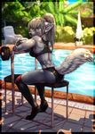  absurd_res anthro breasts canine clothed clothing female fluffy fluffy_tail fur hair hi_res mammal omesore partially_clothed solo swimming_pool swimsuit water wolf 