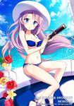  :o anklet bare_shoulders bikini blue_bikini blue_eyes blush breasts cleavage cloud cloudy_sky collarbone commentary_request day drink floating_hair flower hibiscus jewelry lavender_hair lei long_hair looking_at_viewer morgan_(sid_story) nyanya ocean original sid_story sitting sky small_breasts solo sunlight swimsuit telescope very_long_hair 