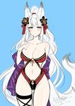  2016 adapted_costume animal_ears arm_behind_back bangs bikini blue_background blue_eyes blush breasts collarbone commentary_request cowboy_shot dated erune flying_sweatdrops fox_ears fox_tail granblue_fantasy hair_ornament hand_on_breast konshin large_breasts long_hair looking_at_viewer navel o-ring o-ring_bikini ponytail short_eyebrows signature silver_hair socie_(granblue_fantasy) solo stomach swimsuit tail thigh_strap thighs very_long_hair 