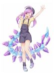  ahoge contemporary genderswap genderswap_(mtf) hat league_of_legends long_hair looking_at_viewer nam_(valckiry) one_eye_closed open_mouth overalls personification purple_hair scorpion_tail skarner solo tail twintails waving yellow_eyes 