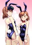  animal_ears arms_at_sides ass back bangs black_leotard blue_leotard blurry blush bokeh bow bowtie breasts brown_eyes brown_hair bunny_ears bunny_girl bunny_tail bunnysuit closed_mouth collarbone covered_navel cowboy_shot depth_of_field detached_collar embarrassed eyebrows eyebrows_visible_through_hair fishnet_pantyhose fishnets from_behind frown gradient gradient_background hand_on_own_chest head_mounted_display legs_apart leotard looking_afar looking_away looking_down misaka_imouto misaka_mikoto multiple_girls pantyhose raika9 red_bow red_neckwear short_hair skin_tight small_breasts standing strapless strapless_leotard tail to_aru_kagaku_no_railgun to_aru_majutsu_no_index wavy_mouth wrist_cuffs yellow_background 