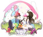  1girl baseball_cap boots brown_hair denim denim_shorts flower gen_3_pokemon gen_5_pokemon grass hat jacket melso milotic oshawott outdoors pokemon pokemon_(creature) pokemon_(game) pokemon_bw shorts sitting sleeveless snivy tepig touko_(pokemon) touya_(pokemon) vest wristband 