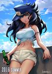  2016 aqua_eyes armlet artist_name bare_shoulders beer_bottle black_hair blue_hat blue_sky breasts cloud cowboy_shot crystal day earrings eyelashes fringe_trim genderswap genderswap_(mtf) halter_top halterneck hat highres holding jewelry jojo_no_kimyou_na_bouken kotatsu_(g-rough) kuujou_joutarou large_breasts leaning_back long_hair looking_at_viewer midriff navel parted_lips shade short_shorts shorts signature sky sleeveless solo stomach stud_earrings summer white_shorts 