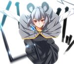  &gt;:) animal_ears anime_coloring black_dress blurry blush capelet commentary_request depth_of_field dowsing_rod dress dual_wielding grey_hair holding jewelry long_sleeves looking_at_viewer mouse_ears nakajou nazrin outstretched_arms pendant red_eyes short_hair smile solo spread_arms touhou v-shaped_eyebrows white_background 