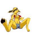  2016 amp_(anixis) anixis brown_eyes bulge candy chest_tuft clothed clothing digital_media_(artwork) ear_piercing eeveelution eye_patch eyewear food fur jolteon lollipop looking_at_viewer male nintendo open_shirt piercing pok&eacute;mon saliva shorts simple_background sitting solo tuft video_games white_background yellow_fur 