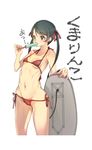  bikini black_hair cowboy_shot food grey_eyes highres kantai_collection kubu_kurin long_hair mikuma_(kantai_collection) popsicle solo standing surfboard swimsuit twintails 