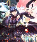  black_feathers black_wings blue_hair detached_sleeves gothic_lolita hair_bun lolita_fashion long_hair looking_at_viewer love_live! love_live!_sunshine!! one_eye_closed open_mouth purple_eyes smile solo tom_(drpow) tsushima_yoshiko wings 