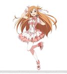  asuna_(sao) brown_eyes brown_hair dress frilled_dress frills full_body gloves hair_ornament hair_ribbon holding holding_microphone long_hair microphone official_art open_mouth pantyhose ribbon simple_background solo sword_art_online sword_art_online:_code_register watermark white_background white_gloves white_legwear 