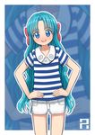  aposine blue_eyes blue_hair blush commission hair_ribbon hands_on_hips highres looking_at_viewer original ribbon solo striped wavy_hair 