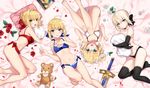  :d ahoge artoria_pendragon_(all) ass_visible_through_thighs avalon_(fate/stay_night) bare_legs bare_shoulders barefoot black_gloves black_legwear black_panties blonde_hair blue_bra blue_eyes blue_panties bra breasts cleavage collarbone elbow_gloves excalibur fate/extra fate/stay_night fate/unlimited_codes fate_(series) flower gloves green_eyes hair_bun hair_intakes hair_ribbon hand_on_own_chest lace lace-trimmed_bra lace-trimmed_gloves lace-trimmed_thighhighs leg_up looking_at_viewer lying multiple_girls multiple_persona navel nero_claudius_(fate) nero_claudius_(fate)_(all) object_hug on_side open_mouth panties petals red_bra red_panties ribbon saber saber_alter saber_lily shirako_miso side-tie_panties small_breasts smile striped striped_panties stuffed_animal stuffed_toy sword thighhighs topless underwear underwear_only vertical-striped_bra vertical_stripes weapon white_bra white_panties yellow_eyes 