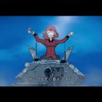  1girl crusader_(tank) girls_und_panzer ground_vehicle kakesoba mad_max mad_max:_fury_road military military_vehicle motor_vehicle red_hair rosehip short_hair sky smile tank tank_turret weapon 