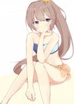  :o arm_rest bare_arms bare_legs bare_shoulders bikini blush brown_hair chin_rest day_mello flat_chest gradient gradient_background groin hair_ornament hair_ribbon kantai_collection kazagumo_(kantai_collection) knees_together_feet_apart long_hair looking_to_the_side navel orange_sarong polka_dot polka_dot_sarong ponytail ribbon sarong see-through silver_eyes simple_background sitting solo swimsuit translucent_sarong tsurime 