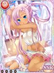  adjusting_hair barefoot bed blue_eyes camisole curtains dark_skin hikage_eiji koihime_musou long_hair navel official_art open_mouth panties pink_hair ribbon side-tie_panties sitting skirt skirt_pull solo sonshoukou striped striped_panties twintails underwear untied very_long_hair window 