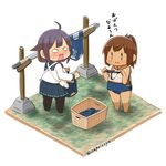  2girls blush brown_eyes brown_hair capriccyo chibi clothesline hair_flaps holding holding_clothes holding_panties holding_swimsuit i-401_(kantai_collection) isometric kantai_collection laundry_basket long_hair multiple_girls mundane_utility one-piece_swimsuit panties pantyhose ponytail purple_hair sailor_collar school_swimsuit short_hair short_ponytail standing swimsuit swimsuit_under_clothes taigei_(kantai_collection) thong torpedo translated underwear white_panties wide_oval_eyes 