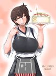  breasts brown_eyes brown_hair cake commentary_request eating food food_on_face fruit happy_birthday japanese_clothes kaga_(kantai_collection) kantai_collection large_breasts long_hair muneate pastry saizu_nitou_gunsou side_ponytail smile solo spoon strawberry 