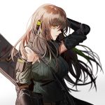  1girl arm_guards armband bangs blood breasts brown_hair bruise damaged elbow_pads girls_frontline gloves green_hair green_sweater hair_between_eyes headphones injury large_breasts long_hair looking_at_viewer m4a1_(girls_frontline) multicolored_hair ribbed_sweater si sidelocks silence_girl simple_background streaked_hair sweater torn_clothes white_background 