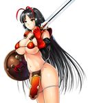  :&lt; antenna_hair armor bikini_armor black_hair breasts cleavage closed_mouth commentary_request cosplay cowboy_shot detached_sleeves dragon_quest dragon_quest_iii from_side gen_(genetrix) gloves highres hime_cut holding holding_shield holding_sword holding_weapon large_breasts loincloth long_hair looking_at_viewer looking_to_the_side miko-chan_(gen_(genetrix)) multicolored_hair navel no_panties original pauldrons red_armor red_gloves red_hair shield soldier_(dq3) soldier_(dq3)_(cosplay) solo stomach sword two-tone_hair underboob very_long_hair weapon white_background yellow_eyes 