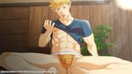  abs bad_id bad_pixiv_id blonde_hair blush bulge covered_nipples granblue_fantasy green_eyes indian_style looking_to_the_side male_focus male_underwear muscle navel nipples nukobaooo plant sample shirt_lift sitting solo striped sweatdrop underwear vane_(granblue_fantasy) 