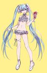  aqua_eyes bikini blue_hair bracelet drink full_body hatsune_miku highres jewelry long_hair maruchi navel open_mouth solo swimsuit twintails very_long_hair vocaloid yellow_background 
