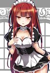  alice360 alternate_costume black_skirt bow bowtie breasts cleavage cowboy_shot crimson_avenger_(elsword) elesis_(elsword) elsword enmaided highres long_hair looking_at_viewer maid maid_headdress medium_breasts miniskirt red_hair skirt solo striped striped_bow wrist_cuffs yellow_eyes 