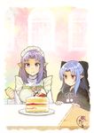  apron bad_id bad_pixiv_id black_bow blue_eyes blue_hair bow braid cake caster copyright_name crossover eto_(nistavilo2) fate/stay_night fate_(series) food fruit hair_bow hair_ribbon half_updo highres holding holding_spoon kagetsu_tooya len long_hair long_sleeves maid_headdress multiple_girls nekoarc pointy_ears purple_hair red_eyes ribbon sidelocks single_braid slice_of_cake sparkle sparkling_eyes spoon strawberry table tsukihime turtleneck type-moon winter_clothes 