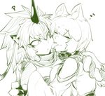  :3 animal_ears breast_press breasts cheek_licking closed_eyes collar dog_ears eyebrows eyebrows_visible_through_hair face_licking happy horn large_breasts licking monochrome multiple_girls ponytail raijuu_(tokyo_tenma) scarf short_hair sidelocks space_jin sweatdrop tokyo_tenma tokyo_tenma:_devil_slave yatsufusa_(tokyo_tenma) yuri 