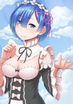  blue_eyes blue_hair blue_sky blush breasts cleavage cloud day detached_sleeves eyebrows eyebrows_visible_through_hair hair_ornament hair_over_one_eye hair_ribbon looking_at_viewer maid maid_headdress medium_breasts murata_isshin pink_ribbon re:zero_kara_hajimeru_isekai_seikatsu rem_(re:zero) ribbon short_hair sky solo underbust wide_sleeves x_hair_ornament 