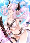  bare_shoulders beach bikini blue_eyes blurry blush breast_hold breasts cleavage collarbone cowboy_shot depth_of_field double_bun draph earrings granblue_fantasy hair_ornament hair_over_one_eye horns jewelry katana large_breasts lavender_hair long_hair looking_at_viewer marusan narmaya_(granblue_fantasy) parted_lips pointy_ears smile solo sweat swimsuit sword thigh_strap unsheathed weapon white_bikini 