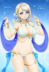  bikini blue_eyes bracelet breasts chiyo_(no3baki) cleavage earrings hair_ornament jewelry large_breasts long_hair navel necklace original pendant silver_hair smile solo swimsuit 