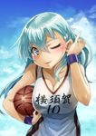  aqua_eyes aqua_hair basketball basketball_uniform blue_sky breasts cleavage cloud day hair_ornament hair_tucking hairclip hand_in_hair hokuto_shinken kantai_collection large_breasts long_hair one_eye_closed sky solo sportswear suzuya_(kantai_collection) sweat 