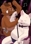  &lt;3 5_fingers boar bow_tie brown_hair canine clothing dancing dog duo eyes_closed fur hair male mammal masshiro money music overweight pole pole_dancing porcine simple_background stripper thong tusks white_fur 