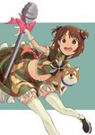  alternate_costume alternate_hairstyle animal bad_id bad_pixiv_id blue_background bow brown_eyes brown_hair camouflage camouflage_skirt collar commentary_request dog dog_collar frills girls_und_panzer magical_girl nishizumi_miho panzerfaust platform_footwear simple_background skirt suo_(sndrta2n) thighhighs twintails two_side_up zettai_ryouiki 