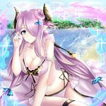  1girl bare_shoulders beach bikini blue_eyes braid breasts cleavage cow_girl cow_horns curvy female granblue_fantasy hair_ornament hair_over_one_eye hairclip highres horns large_breasts long_hair long_skirt looking_at_viewer narumeia_(granblue_fantasy) navel ocean open_skirt outdoors pearl pointy_ears purple_hair shiny sitting skirt smile solo summer swimsuit white_bikini white_swimsuit wide_hips yukidaifuku 