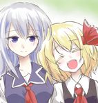  ^_^ ascot blue_eyes closed_eyes dress_shirt hair_ribbon kamishirasawa_keine long_hair multiple_girls neckerchief no_hat no_headwear open_mouth ribbon rumia shirt short_hair silver_hair smile touhou ugatsu_matsuki upper_body 