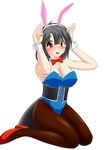  animal_ears bare_shoulders black_hair black_legwear blue_leotard blush breasts bunny_ears bunnysuit cleavage corset detached_collar fake_animal_ears kantai_collection kounoji large_breasts leotard open_mouth pantyhose red_eyes short_hair solo takao_(kantai_collection) wrist_cuffs 