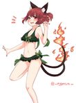  alternate_hairstyle animal_ears bikini blush braid cat_ears cat_tail egret fang fire green_bikini highres kaenbyou_rin looking_at_viewer midriff multiple_tails nail_polish navel open_mouth red_eyes red_hair simple_background smile solo standing standing_on_one_leg swimsuit tail tail-tip_fire touhou twitter_username white_background 
