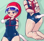  arms_behind_back between_breasts blue_eyes blue_hair blush bound bound_arms breasts commentary_request doremy_sweet hat medium_breasts nightcap one-piece_swimsuit school_swimsuit shibari short_hair solo sweatdrop swimsuit tail tapir_tail tied_up touhou winn 