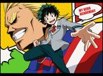  all_might blonde_hair boku_no_hero_academia clenched_hand copyright_name foreshortening green_eyes green_hair grin koitsu_(blue) letterboxed male_focus midoriya_izuku multiple_boys necktie open_mouth school_uniform shaded_face smile u.a._school_uniform 
