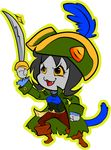  :3 black_hair boots breasts bustier clothed clothing coat cute cutlass fangs female footwear free-falling green_eyes hair hat homestuck horn humanoid melee_weapon ms_paint_adventures nepeta_leijon pirate short_hair smile solo sword troll_(homestuck) weapon yellow_sclera 