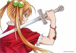  artist_name blonde_hair bracelet china_dress chinese_clothes dress from_behind green_eyes hair_bobbles hair_ornament highres holding holding_sword holding_weapon ikkitousen jewelry long_hair red_hair shiozaki_yuji simple_background solo sonsaku_hakufu sword twintails weapon white_background 