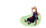  16:10 animal_ears apple brown_hair female fruit grass hair horo outside plain_background red_eyes shoes sitting skirt solo spice_and_wolf wallpaper white white_background widescreen wolf_ears 