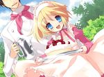  1girl alice_parade blonde_hair blue_eyes cake food game_cg head_out_of_frame highres itou_noiji maid makino_arisu odoodo_funny pastry solo_focus strawberry_shortcake 