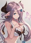  :&gt; bad_id bad_pixiv_id bikini breast_suppress breasts butterfly_earrings cleavage closed_mouth collarbone double_bun draph granblue_fantasy grey_background hair_ornament hair_over_one_eye highres horns large_breasts long_hair looking_at_viewer narmaya_(granblue_fantasy) navel pointy_ears purple_hair solo swimsuit usami_(ym1989) very_long_hair white_bikini 