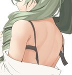  anchovy back bra clothes_down drill_hair from_behind girls_und_panzer green_hair hair_between_eyes hair_over_shoulder head_out_of_frame long_hair seramikku serious simple_background solo twin_drills twintails underwear untied_bra upper_body white_background 