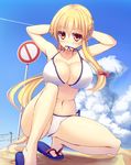  adjusting_hair alternate_costume alternate_hairstyle arms_behind_head arms_up bikini biting biting_clothes blonde_hair bow breasts cleavage cloud cloudy_sky collarbone commentary_request day hair_bow highres huge_breasts liya long_hair looking_at_viewer navel red_bow road_sign sandals sign sky solo squatting swimsuit touhou white_bikini yakumo_yukari yellow_eyes 