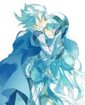  1girl aisutabetao aqua_(fire_emblem_if) armor blue_cape blue_hair blue_ribbon blush cape closed_eyes couple dress elbow_gloves fire_emblem fire_emblem_if gloves grin hand_on_another's_head happy hetero imminent_kiss long_hair male_my_unit_(fire_emblem_if) my_unit_(fire_emblem_if) one_eye_closed pointy_ears ribbon simple_background smile veil very_long_hair white_background white_dress white_gloves white_hair yellow_eyes 