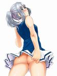  arm_at_side ass back bare_arms blue_eyes blue_shirt bluesy_fluesy blush breasts cowboy_shot flat_ass from_behind from_below hair_ribbon legs_apart looking_at_viewer looking_back looking_down magekichi medium_breasts miniskirt no_panties pleated_skirt ponytail profile ribbon shiny shiny_skin shirt sidelocks simple_background skirt skirt_tug sleeveless solo taboo_tattoo upskirt white_background white_skirt 