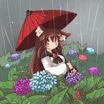  amura_(artist) animal_ears blush brooch brown_hair fang fingernails flower hydrangea imaizumi_kagerou jewelry leaf long_fingernails looking_at_viewer nail_polish plant rain red_eyes red_nails smile solo touhou umbrella wolf_ears 
